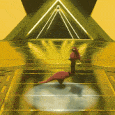 a 3d rendering of a dinosaur dancing in front of a yellow pyramid
