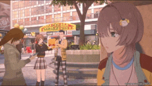 a group of anime characters standing in front of a building that says tango