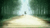 a painting of a person walking down a path in a bamboo forest