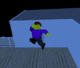 a person in a purple hoodie is walking on a wooden deck