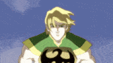 a man in a green and yellow outfit has a symbol on his chest