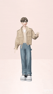 a cartoon character is wearing a jacket and jeans