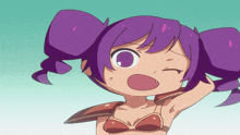 a cartoon girl with purple hair is wearing a bikini
