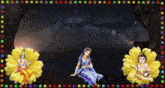 a painting of a woman sitting on a yellow flower with a baby krishna