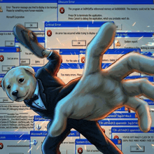a painting of a dog in a tuxedo with a critical error message on the screen