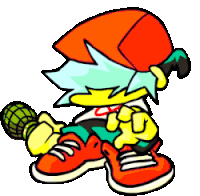a colorful cartoon character is holding a microphone and wearing a red hat .