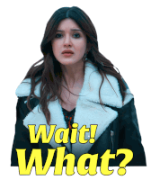 a sticker of a woman with the words wait what