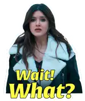 a sticker of a woman with the words wait what