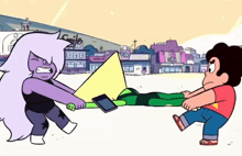 a cartoon of steven and amethyst playing tug of war with a city in the background
