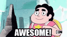 a cartoon character says awesome in front of a mountain .