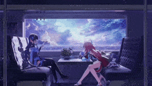 two anime girls are sitting in front of a window with the word da bai on it