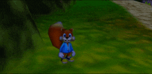 a cartoon squirrel is standing in the grass wearing a blue jacket .