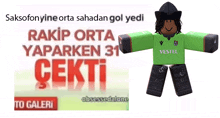 a green vestel soccer player is standing next to a poster