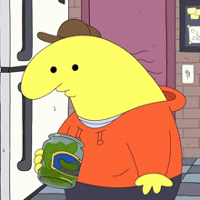 a cartoon character is holding a jar of pickles with the letter c on it