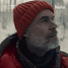 a man with a beard wearing a red hat and a red jacket with the words nine perfect strangers behind him