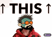 a cartoon of a man with a tattoo on his face giving the middle finger in front of a sign that says this 1