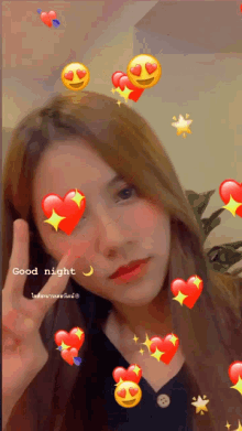 a woman with hearts on her face and the words good night