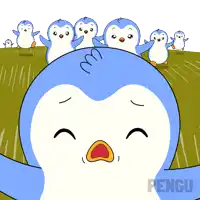 a bunch of penguins are standing in a field with the word pengu on the bottom right