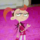 a cartoon girl with a ponytail is standing on a pink rug