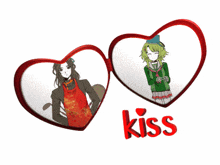 a couple of hearts with one that says kiss