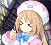 a girl in a pink and white outfit with a white o on her hat is making a funny face
