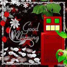 a picture of flowers and ladybugs with the words good morning written on it