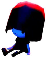 a cartoon character with a red and blue head