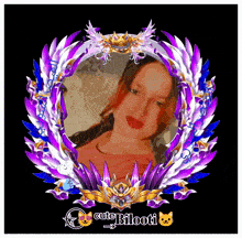 a picture of a woman in a purple and blue frame with cute bilooti written on the bottom