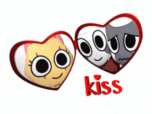 a couple of hearts with cartoon faces inside of them and the word kiss below them