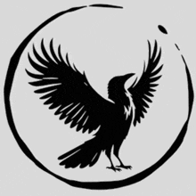 a black and white drawing of a bird with wings spread .
