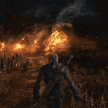 Walking Toward A Burning Village Geralt Of Rivia GIF - Walking Toward A Burning Village Geralt Of Rivia The Witcher GIFs