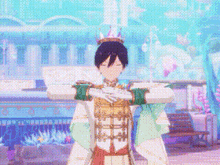 a man with a crown on his head is standing with his arms outstretched and his eyes closed .