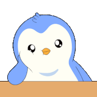 a blue and white penguin with a pink bubble in its mouth