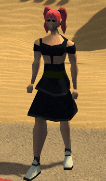 a girl with pink hair is wearing a black dress and white sneakers