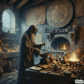 a man in a hooded cloak stands in a room with a clock on the wall that says ' xii '