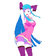 a pixel art of a girl in a pink dress with blue hair .