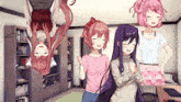 a group of anime girls are standing in a room and one girl is upside down