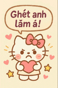 a hello kitty holding a heart with a speech bubble that says ghet anh lam a!