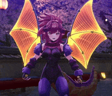 a girl in a purple and orange outfit with wings