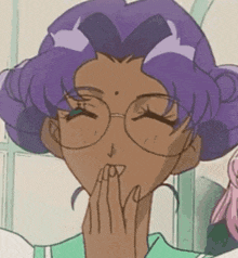 a girl with purple hair and glasses is covering her mouth with her hands .
