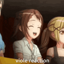 a group of anime girls are sitting next to each other with the words viole reaction written on the bottom