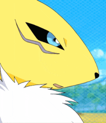 a cartoon drawing of a yellow and white animal with a blue eye