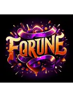 a fortune logo with a purple ribbon around the word