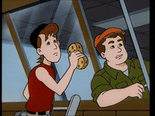a cartoon of two men looking out a window