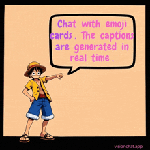 a cartoon character with a speech bubble saying chat with emoji cards the captions are generated in real time