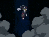 shadow the hedgehog from sonic the hedgehog is flying through the air with lightning bolts coming out of his hands .
