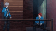 two anime characters are standing next to each other on stairs