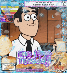 a cartoon of a man holding a cup of coffee with the words " have a great tuesday "