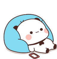 a cartoon panda bear is sitting on a blue couch .