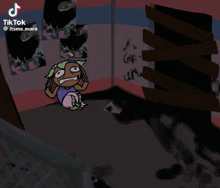 a cartoon character is laying on the ground in a room with posters on the wall and a tiktok logo